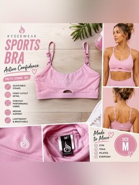 Ryderwear Pink Sports Bra Medium Cutout Adjustable Strap Activewear Gym Yoga